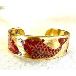 Beautiful Evocateur 22k Gold Leaf Enamel Cuff Bracelet W/ Rhinestones Asian